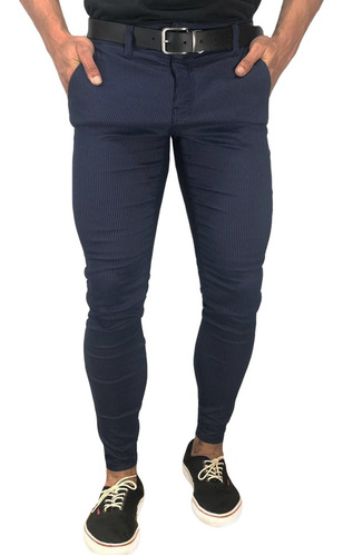 Calça Alfaiataria Bengaline Skinny Azul Detalhe Risca De Giz