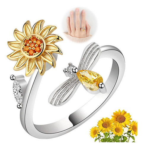 Anillo Flor Girasol Giratorio Plata 925 Antiestres Circonio