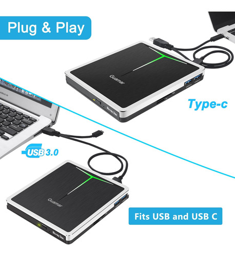 Guamar Externa Blu Ray Drive, Usb C Blu Ray Burner Portátil