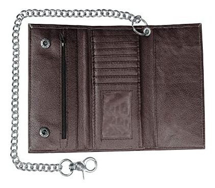 Rfid Cowhide Genuine Leather Trifold Metal Chain Biker Tall