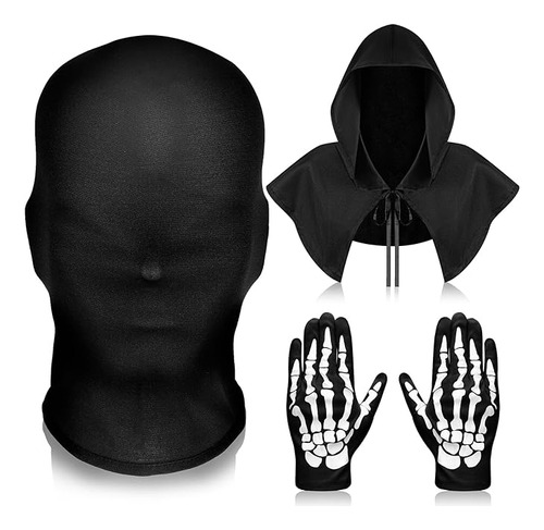 3 Piezas Disfraz Parca Negra Completa Esqueleto Y Guantes Ju