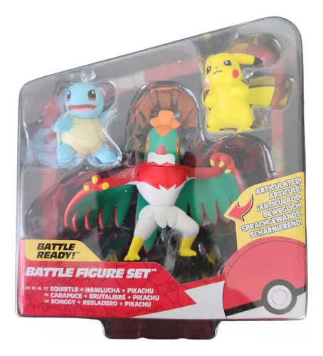 Pokemon Pack X3 Figuras Battle Squirtle Hawlucha Pikachu 