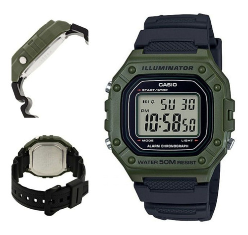 Reloj de pulsera Casio Youth W-218H de cuerpo color verde, digital, para hombre, fondo gris, con correa de resina color negro, dial negro, minutero/segundero negro, bisel color verde, luz ámbar y hebilla simple