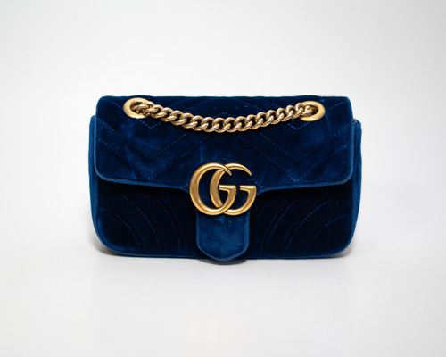 Bolso Gucci Mini Marmont De Terciopelo Azul Certif Entrupy 