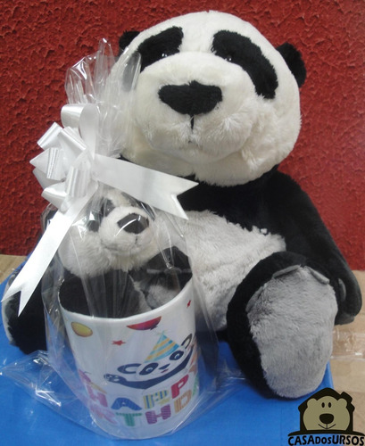 Caneca Porcelana Ursos Panda 35cm + 15cm Feliz Aniversário