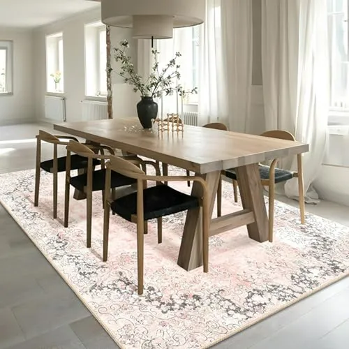 Alfombra 5x7 Rosa Lavable Tanvill Para Sala Y Dormitorio