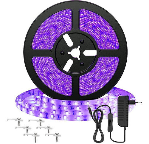 Imagen 1 de 5 de Cinta Led 12v Uv Negra Fluor Adhesiva 5mts + Adactador 220v