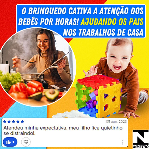 Kit brinquedos educativos para bebê 1 ano Cubo de montar e encaixar sensorial pedagógico didático + formas geométricas coloridas aprendizagem lúdica 12 meses jogos recreativos para creche escola