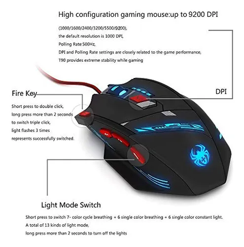 Mouse Para Juegos Zelotes T90 De 9200 Dpi, 8 Botones Program