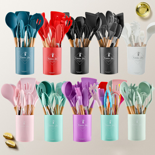 Set De Utensilios De Cocina Shovel Green Light Wood Silicone