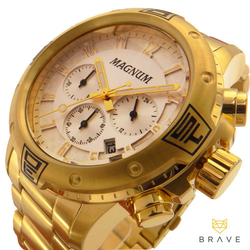 Relógio Masculino Dourado Magnum Ouro 18k 2 Anos De Garantia