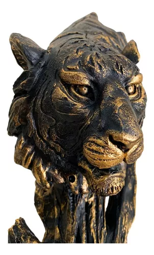 Tigre Decorativo De Resina Dourado E Preto