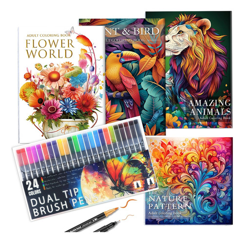 Set 4 Libros Para Colorear Y Rotuladores,mándala De Nature