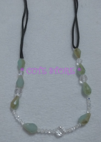 Colar Cristal Verde Comprido Cristais Cordão De Couro
