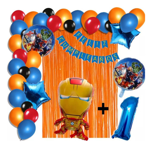 Arco Globos Fiesta Iron Man Naranja Azul Cortina Número