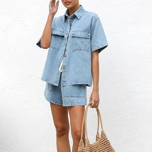 H Conjunto Jeans Feminino De Verão Com 2 Peças