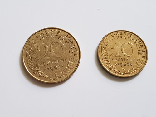 Monedas X 2 Francia 10 Y 20 Centavos 1967 Centimes Lote X 2
