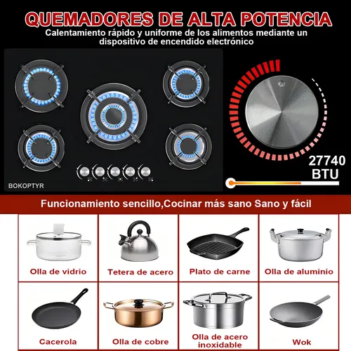 Parrilla de gas empotrables estufas 5 quemadores Cristal Templado color negro NG/GLP Con Encendido Electrico ARIFOW