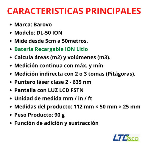Imagen 4 de 10 de Medidor De Distancia Metro Laser 50 Metros Barovo Recargable