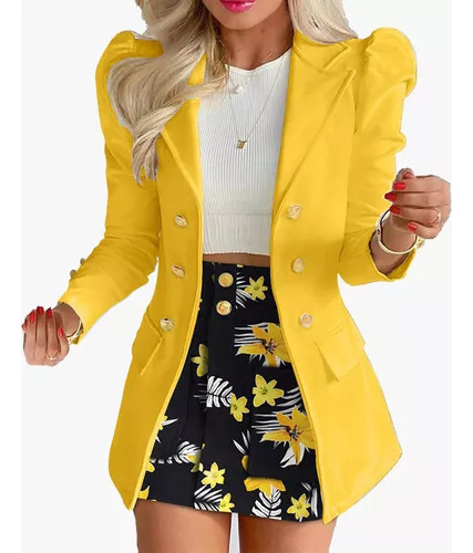 Conjunto De 2 Blazer Com Saias Lisas Estampadas De Manga Com