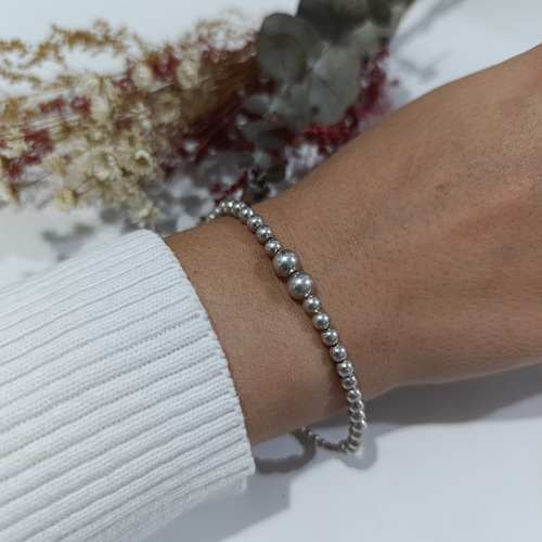 N19- Pulsera Bolitas Plata 925. Con 2 Bolas Centrales. Plateado 18 Cm