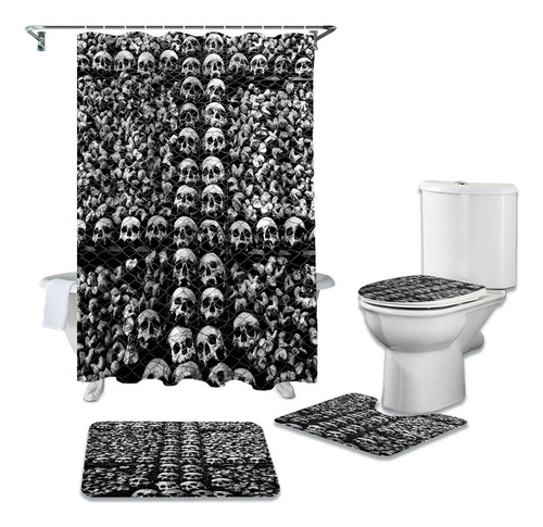 4pcs Set De Cortina De Ducha Impermeable Calavera Negra
