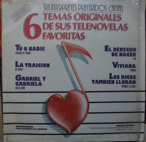 6 Temas Originales De Telenovelas.disco Lp (Usado)