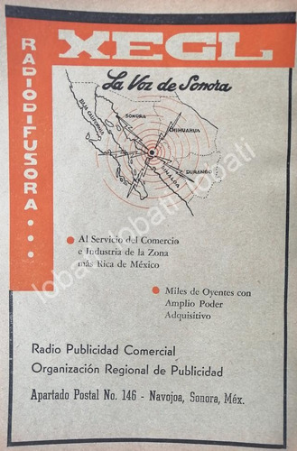 Cartel Vintage Radio Difusora Xegl La Voz De Sonora 1955 /61