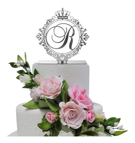 Imagem 2 de 2 de Topo De Bolo Casamento Noivado Iniciais Espelhado Prata