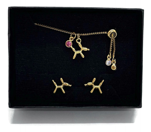 Juego Pulsera + Aretes Perro Globo Chapa De Oro 22k