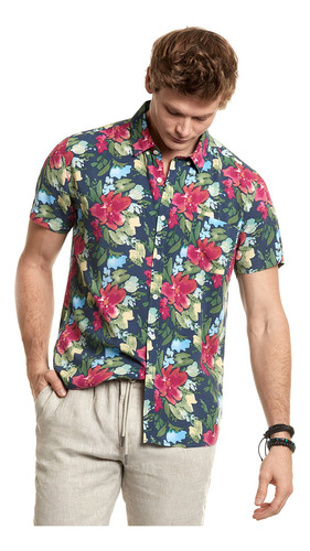 Camisa Hombre Estampada Hawai Fj Azul Ferouch Ss23