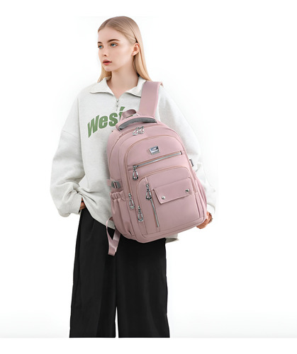 Mochila De Viaje, Portátil Para Hombres Y Mujeres, Mochila Escolar, Mochila A Prueba De Agua Y Antirrobo, Bolsillos, Mochila Para Parejas 15.6l Color Rosa