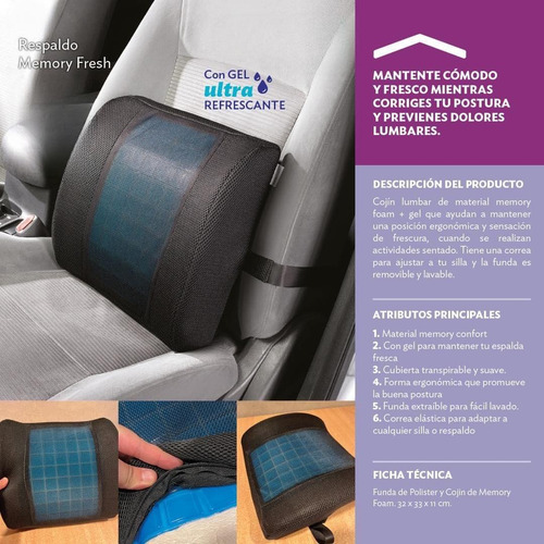 Almohada Lumbar Respaldo Memory Fresh Asiento Auto Oficina Negro