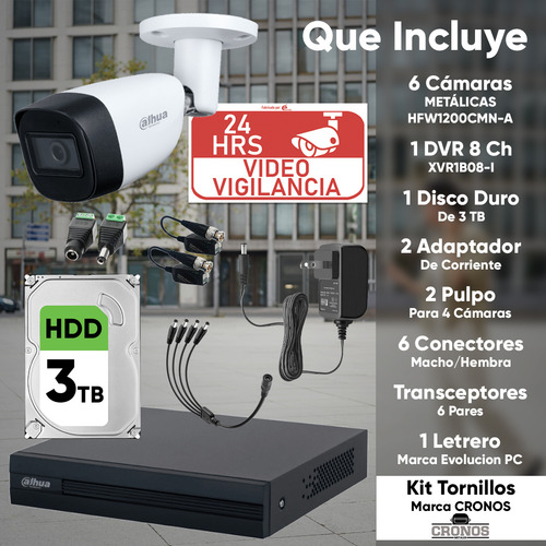 Kit Videovigilancia Cronos 6 cámaras Dahua Metálicas bala HFW1200CMN Con audio 2MP + HDD 3TB + Baluns + Accesorios - Kit CCTV DH-KIT-MET6CH-PLUS5N (Dvr dahua XVR1B08-I circuito cerrado)