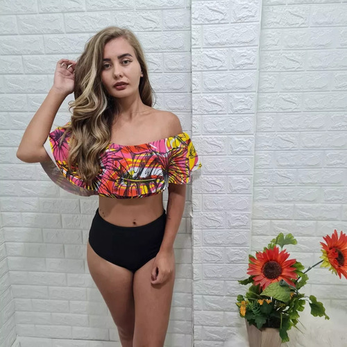 Top Cropped Babado Praia Piscina Balada Com Bojo Removível