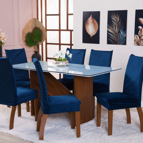 Kit C/ 6 Capas Pra Cadeira De Jantar Suede Decoração Luxo Cor Azul-marinho