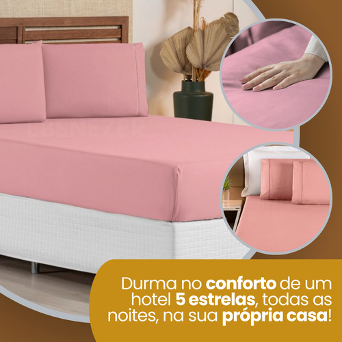 Jogo De Cama Queen C/ Elástico 3 Peças 400 Fios Fronha Ponto Palito Toque Suave Macio Premium Cor Rose