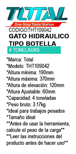 Gato Hidraulico. Tipo Botella. 4 Toneladas. Total.