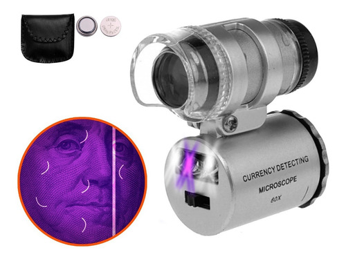 Microscopio Lupa Aumento 60x Luz Led Y Uv Billetes Falsos Color Gris