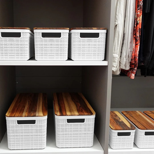 Canasto Organizador Diseño Simil Yute Tapa Madera 7,4 Lts Blanco