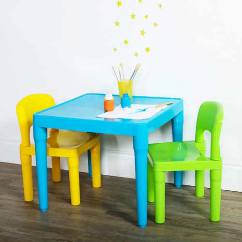 Set Infantil De Mesa Con 2 Sillas Multicolor De Pastico Niño Azul Amarillo Con Verde