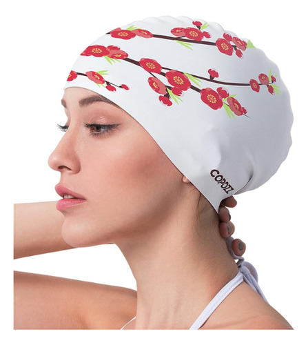 Gorro P/ Natación Copozz, Silicona, Blanco C/ Flores Rojas