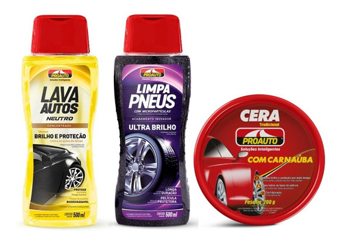 Kit Lava Autos + Limpa Pneus + Cera C/ Carnauba Proauto