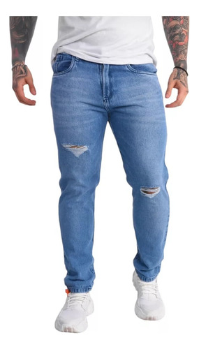 Jeans Celeste De Hombre Con Roturas Clasico