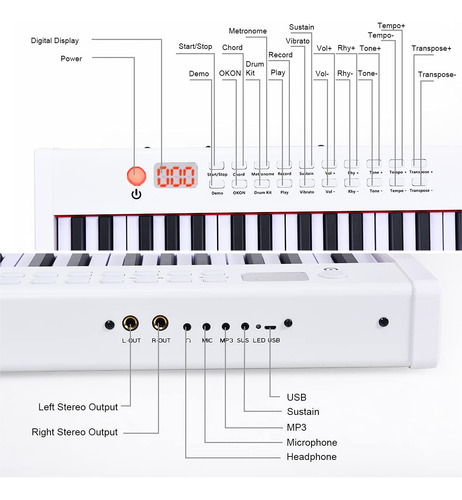 Piano Digital De 61 Teclas Semipesadas Portátil Estéreo Blanco
