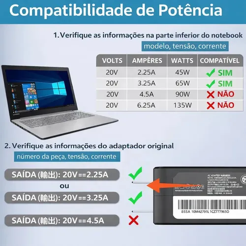 Carregador Para Notebook Lenovo Ideapad S145 15api 81v70004br Fonte De Energia Compatível Bivolt Ideal Para Uso Diário Conexão Segura Cabo Resistente Alimentação Estável Preto