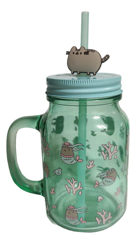 Tarro Pusheen Vidrio Con Tapa Y Popote Termo