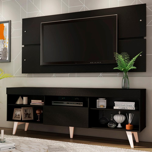 Rack E Painel Para Tv Quarto Até 65 Polegadas Madesa Miami Com Pés Cor Preto/Branco 7003771CP