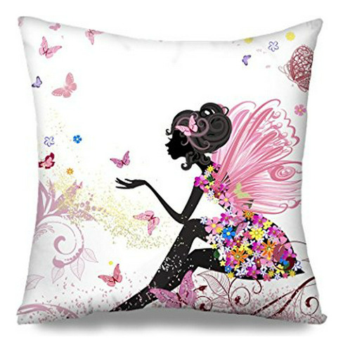 Funda Almohada Hermosa Hada Flor Mariposas - 18x18