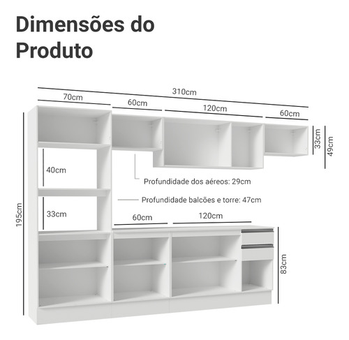 Armário De Cozinha Completa 100% Mdf 310 Cm Smart 02 Cor Branco